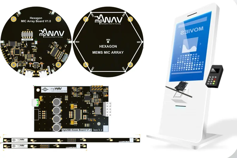 mpWAV의 원형 MEMS 마이크 배열 보드 2종과 다채널 오디오 보드, 선형 마이크 배열 실물